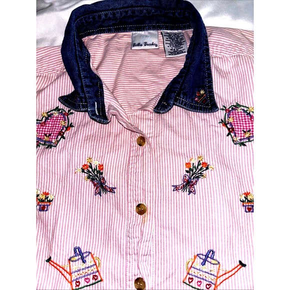 Vintage Women's Bobbie Brooks Floral Embroidered Shirt Denim Collar Large Pink - Picture 1 of 5